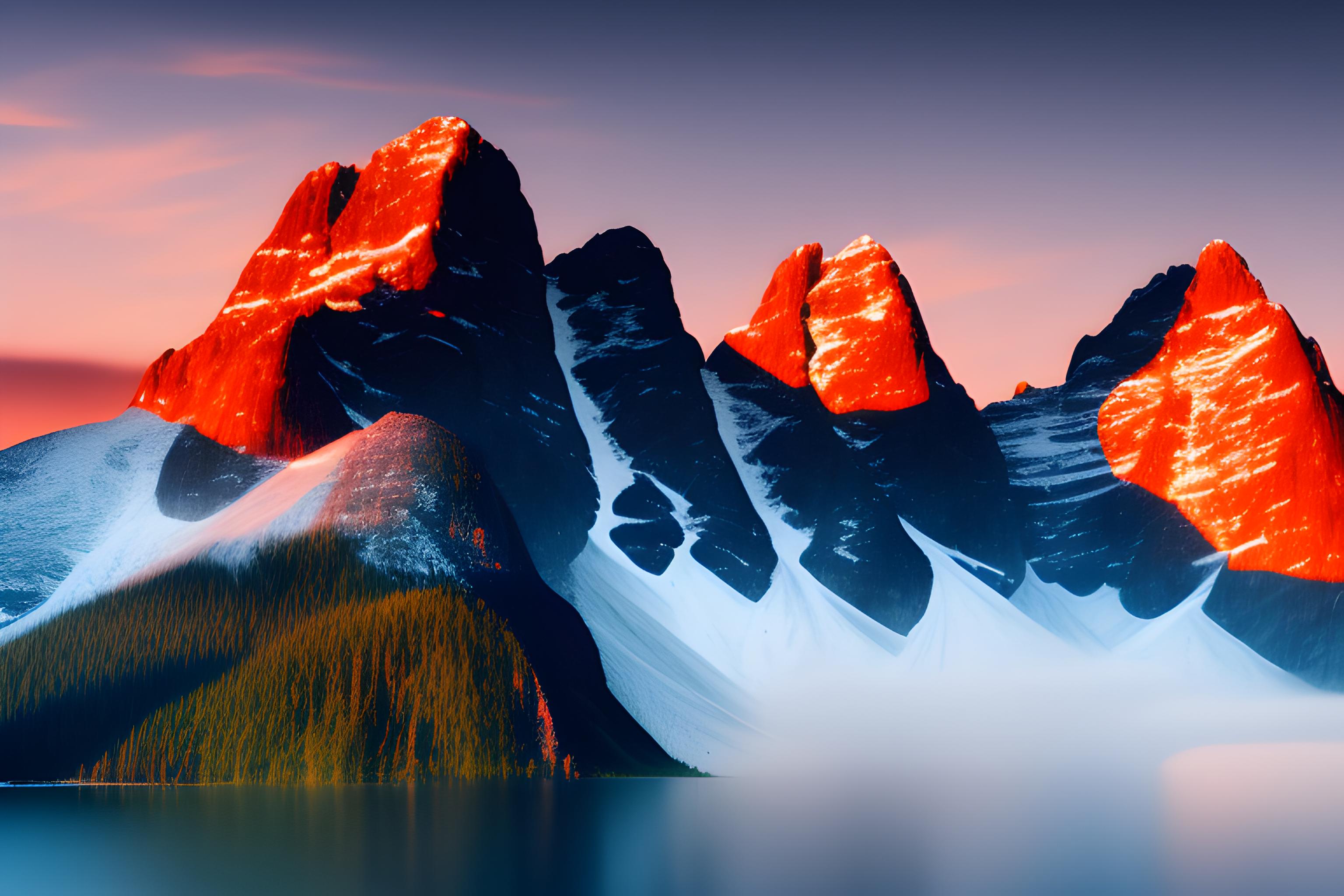 A realistic, long-exposure, wide-angle photograph of a breathtaking mountain landscape at dusk, captured with the natural atmosphere and details of real-world photography, based on the scene in image_0.png.

The background features rugged, majestic mountain peaks covered in snow and ice, with detailed rock faces and crevices visible under the fading natural light. Behind the mountains, the night sky is deep, natural dark blue and black, filled with a dense, authentic field of stars, without artificial glowing or overly fantastical effects.

In the midground, a vast forest is filled with dense foliage in striking shades of deep red, crimson, and autumn-orange, creating a natural but vivid contrast. The trees, mainly deciduous and coniferous, are clustered on the mountain slopes and througho
